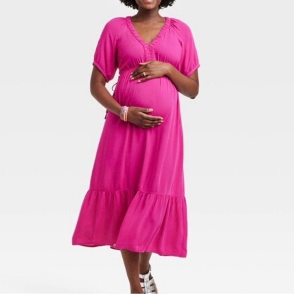 Isabel maternity pink cinch waist tiered midi dress size large maternity